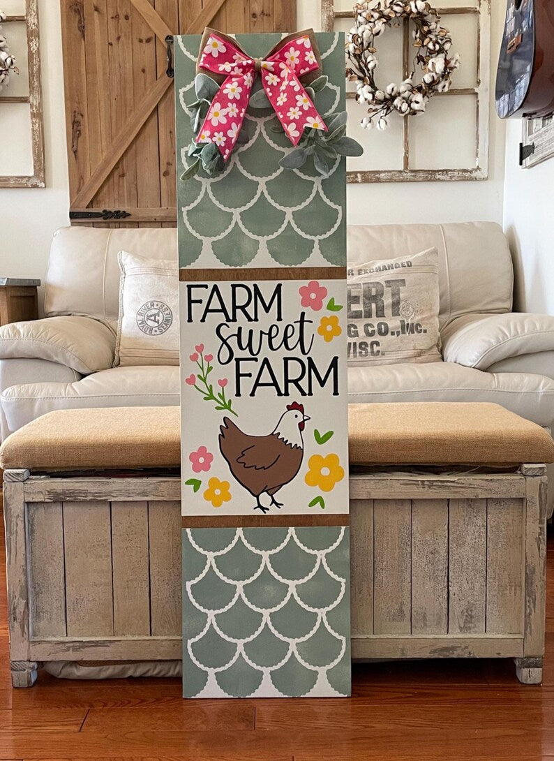Farm Sweet Farm Chicken Wooden Porch Leaner Sign – Rustic Farmhouse Decor