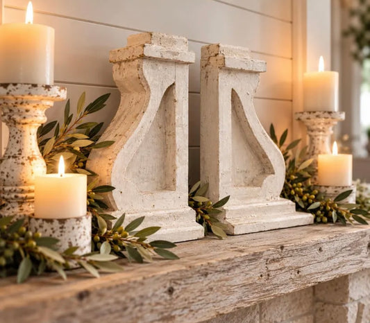 Large rustic French Country wooden decorative corbels with heavily distressed finish, farmhouse architectural accents available in sets of 2 or 4.