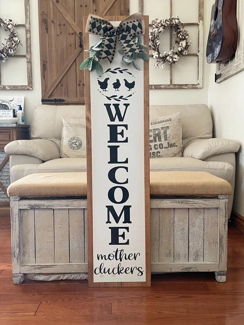 Welcome Mother Cluckers Funny Chicken Porch Sign – Rustic Farmhouse Wood Leaner