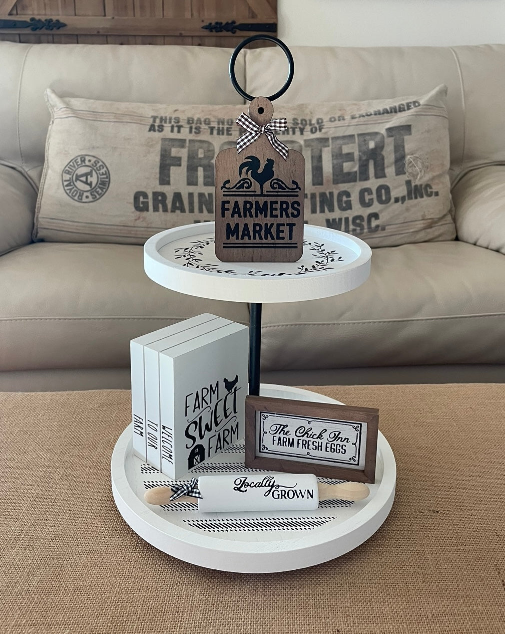 Farmhouse Tier Tray Set Including Tray And Accessories.