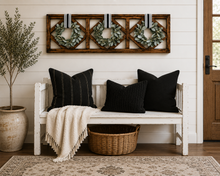 Load image into Gallery viewer, Extra large reclaimed wood farmhouse windowpane wall décor featuring three lush lambs ear wreaths with customizable ribbon choices. Rustic vintage wall art perfect for above a bed, couch, fireplace mantel, or entryway bench.