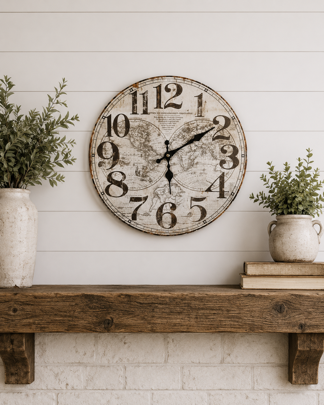 Vintage Style World Map Wall Clock | Rustic Farmhouse Clock | Antique Style Round Wall Decor