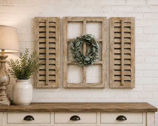 Farmhouse Windowpane Wall Decor Set of 3 | Rustic Shutters | Wood Wall Decor | French Country