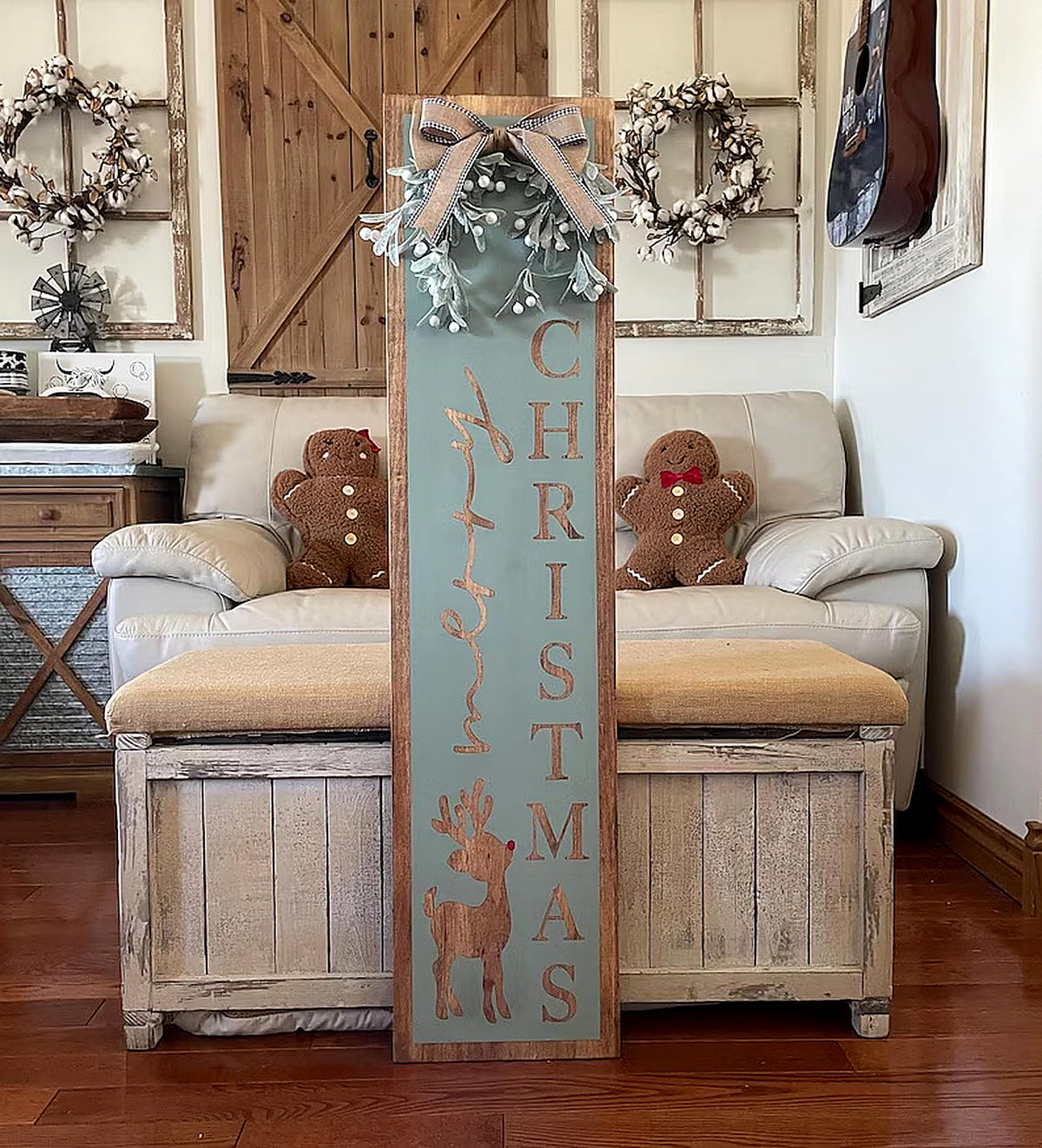 Large Merry Christmas Reindeer Wooden Porch Leaner Sign