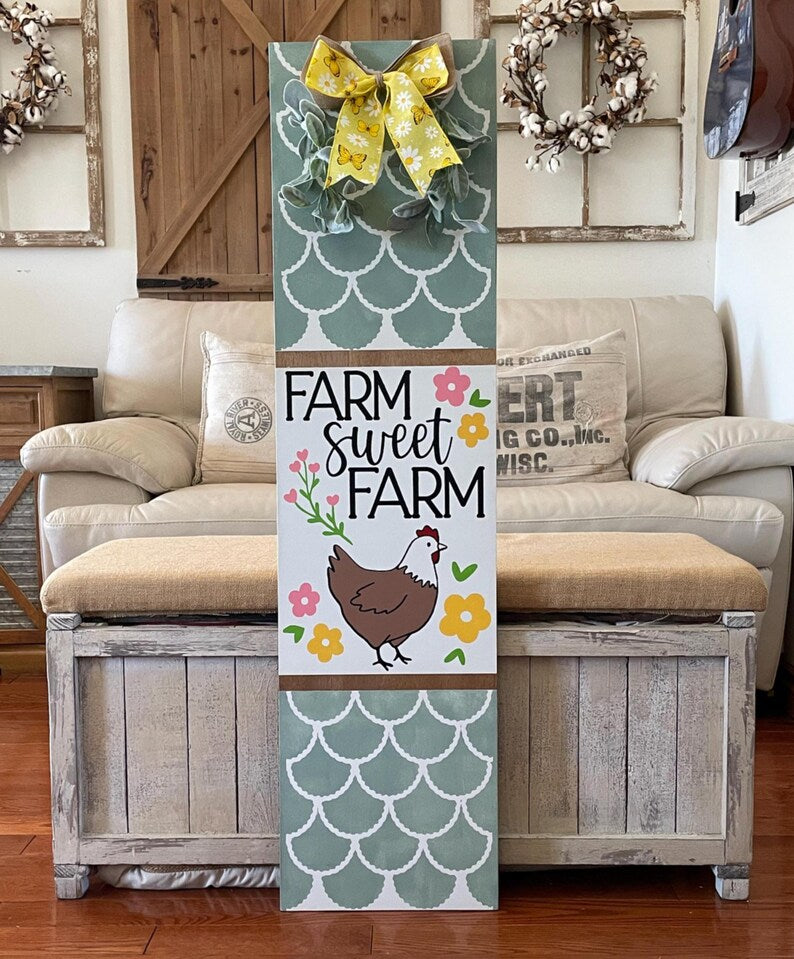 Farm Sweet Farm Chicken Wooden Porch Leaner Sign – Rustic Farmhouse Decor