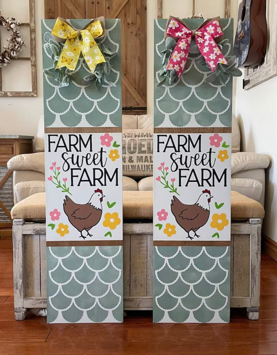 Farm Sweet Farm Chicken Wooden Porch Leaner Sign – Rustic Farmhouse Decor
