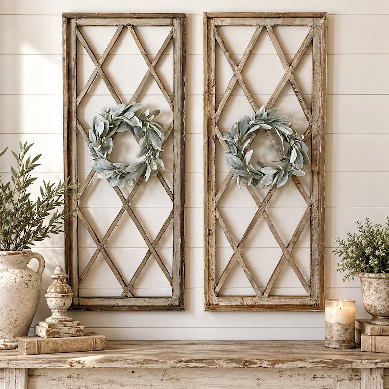 Extra Large Rustic Farmhouse Diamond Windowpane Wood Wall Decor with Wreath