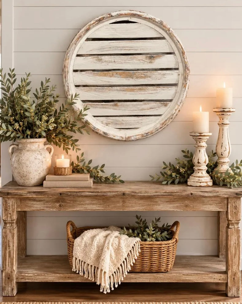 Extra large 27 inch round rustic farmhouse wall decor handcrafted from distressed reclaimed wood for French Country and vintage-inspired interiors