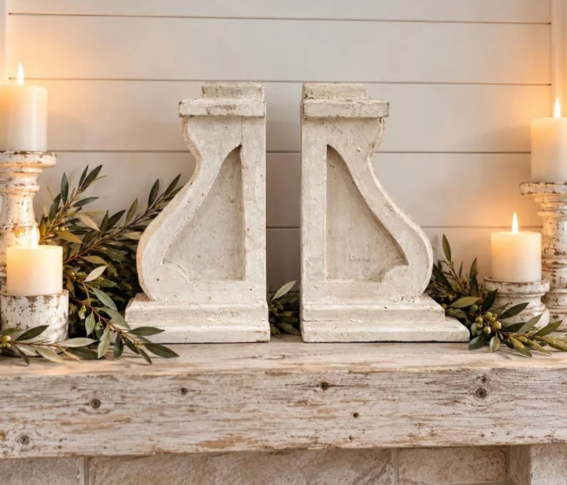 Large rustic French Country wooden decorative corbels with heavily distressed finish, farmhouse architectural accents available in sets of 2 or 4.