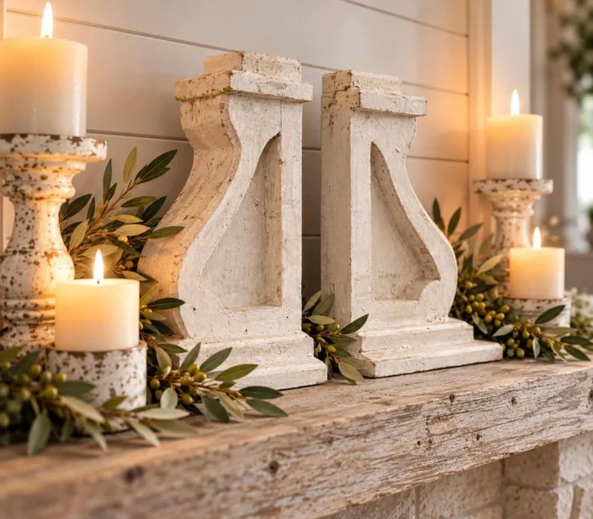 Large rustic French Country wooden decorative corbels with heavily distressed finish, farmhouse architectural accents available in sets of 2 or 4.
