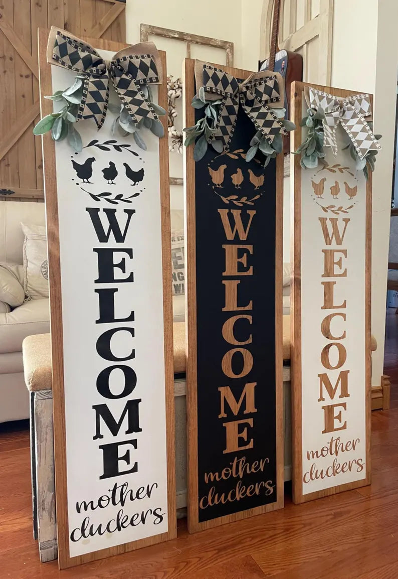 Welcome Mother Cluckers Funny Chicken Porch Sign – Rustic Farmhouse Wood Leaner