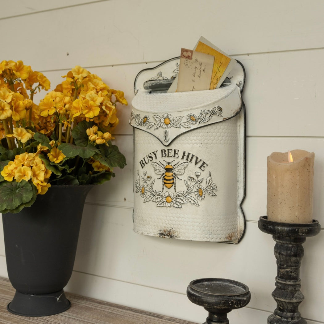 Farmhouse Distressed Busy Bee Hive Metal Mailbox