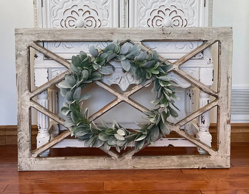 Large Rustic Farmhouse Distressed Wooden Diamond Windowpane Wall Decor Including Wreath