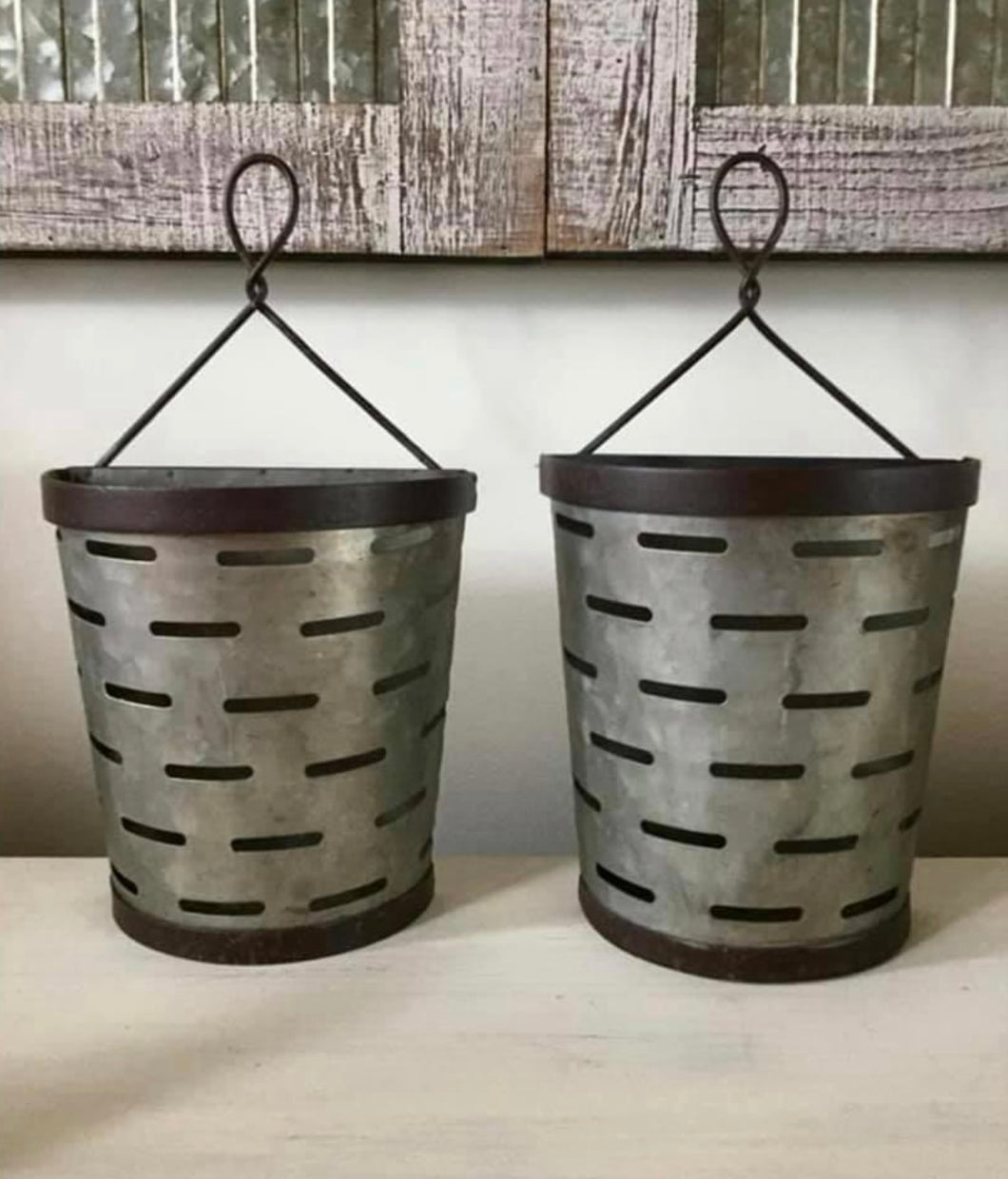 Set Of Two Galvanized Metal Hanging Olive Buckets