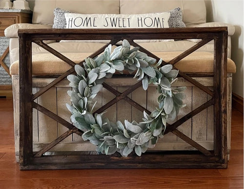 Large Rustic Farmhouse Distressed Wooden Diamond Windowpane Wall Decor Including Wreath