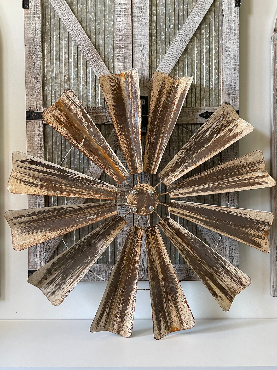 Large Distressed Rustic Farmhouse Metal Windmill