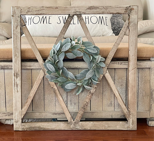 Large Rustic Farmhouse Distressed Wooden Diamond Windowpane Wall Decor Including Wreath