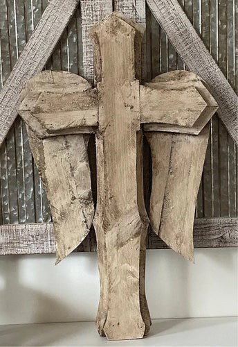 Large Rustic French Country Modern Farmhouse Cross With Angel Wings Wood Wall Decor
