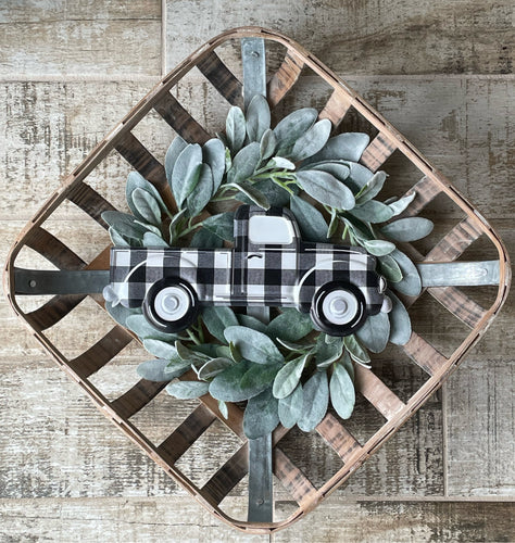 Farmhouse Rustic Tobacco Basket Including Wreath With Buffalo Check Truck Wall Decor