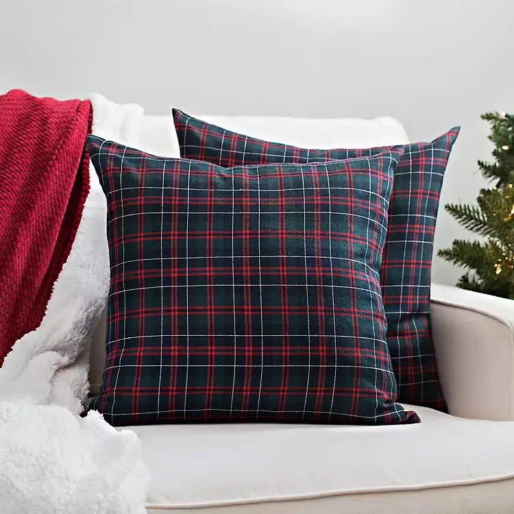 Set Of Two Plaid Feather Pillows