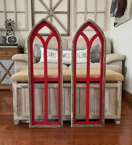 Rustic Farmhouse Red Distressed Wood Cathedral Arch Wall Decor