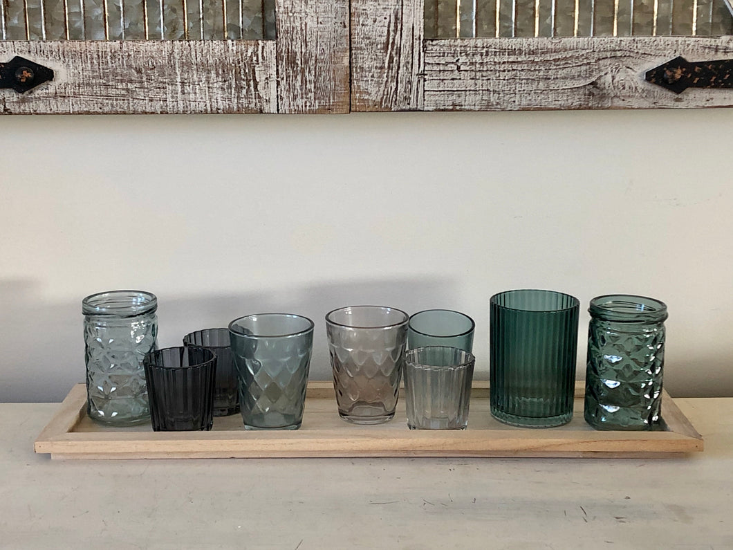 Table Decor Including Wood Tray And 9 Candle Holders