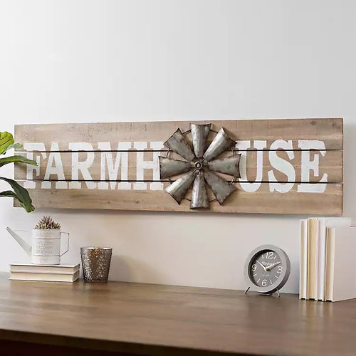 Farmhouse With Galvanized Metal Windmill Wood Wall Decor